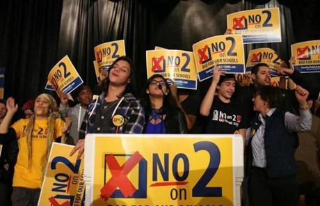 Boston, MA - 11/08/2016 - Anti-charter school activists celebrate tonight's results at a joint gathering at the State Democratic Party Election Night party at Fairmount Copley Plaza. - (Barry Chin/Globe Staff), Section: Metro, Reporter: David Scharfenberg, Topic: 09charter, LOID: 8.3.563314803
