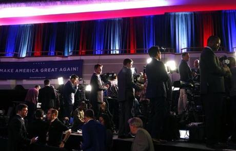 New York, NY -- 11/8/2016 - Television reporters prepare for their stand ups at Donald Trump's Election Night event at the New York Hilton Midtown. (Jessica Rinaldi/Globe Staff) Topic: Reporter: 
