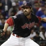 Cleveland Indians relief pitcher Andrew Miller throws during the fifth inning of Game 7 of the Major League Baseball World Series against the Chicago Cubs Wednesday, Nov. 2, 2016, in Cleveland. (AP Photo/David J. Phillip)