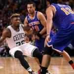 Boston, MA - 10/19/2016 - (1st quarter) New York Knicks guard Sasha Vujacic (18) gets a grip on Boston Celtics guard Marcus Smart (36) during the first quarter. The Boston Celtics take on the New York Knicks in their final exhibition game of the pre season at TD Garden. - (Barry Chin/Globe Staff), Section: Sports, Reporter: Adam Himmelsbach, Topic: 20Celtics-Knicks, LOID: 8.3.329375655.