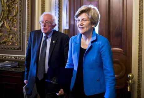 Sen. Bernie Sanders, I-Vt., and Sen. Elizabeth Warren, D-Mass., left a policy luncheon in May 2015.
