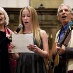 Rabbi Elaine Zecher, Olivia Gordon, 13, and Cantor Roy Einhorn sang at Temple Israel of Boston.