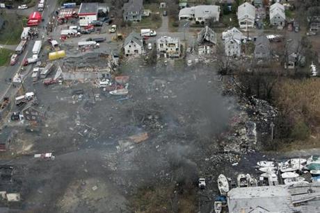 Aerial ( David L Ryan / Globe staff photo ) Danvers, Ma., 11/22/06: Danvers chemical explosion by Water Street area where homes and business property was destroyed. -- Library Tag 08232008 Metro Library Tag 09212010 Metro
