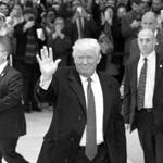 President-elect Donald Trump waves to the crowd as he leaves the New York Times building following a meeting, Tuesday, Nov. 22, 2016, in New York. (AP Photo/Mark Lennihan)