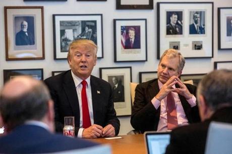 President-elect Donald Trump, left, and New York Times publisher Arthur Sulzberger Jr. appear during a meeting with editors and reporters at The New York Times on Tuesday.
