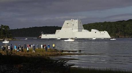 FILE - In this Sept. 7, 2016 file photo, the future USS Zumwalt heads down the Kennebec River after leaving Bath Iron Works in Bath, Maine, on it's way to be commissioned. The Zumwalt, the most expensive destroyer ever built for the U.S. Navy, suffered an engineering problem in the Panama Canal Monday, Nov. 21, 2016, and had to be towed to port. Third Fleet spokesman Cmdr. Ryan Perry said a vice admiral has directed the ship to remain at ex-Naval Station Rodman in Panama to address the issues. (AP Photo/Robert F. Bukaty, File)
