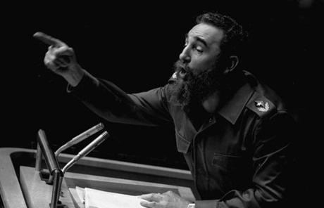 In this Oct. 12, 1979 file photo, Cuban President, Fidel Castro, pointed during his lengthy speech before the United Nations General Assembly in New York.
