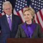 FILE -- Hillary Clinton, accompanied by Bill Clinton, gives a concession speech before campaign staff and supporters at the New Yorker hotel in Manhattan, Nov. 9, 2016. The decision by Donald Trump on whether to further investigate Hillary Clinton will signal if he intends to look ahead and â??bind the wounds of division,â?? as he pledged to do in his acceptance speech, or look back and settle political scores. (Ruth Fremson/The New York Times)