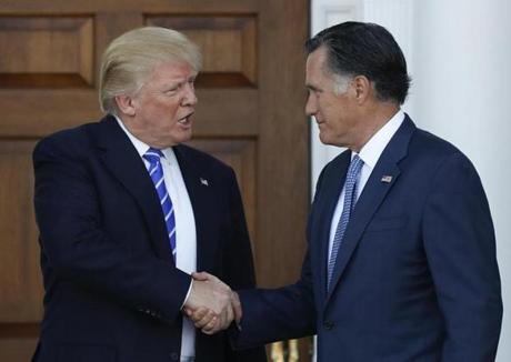 President-elect Donald Trump and Mitt Romney shook hands after their Nov. 19 meeting.
