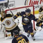 Buffalo Sabres forward William Carrier (48) skates through the crease during the second period of an NHL hockey game against the Boston Bruins, Saturday, Dec. 3, 2016, in Buffalo, N.Y. (AP Photo/Jeffrey T. Barnes)
