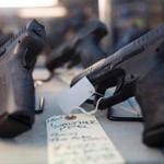 Hand guns for sale at a gun shop in Merrimack, N.H.