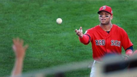 02/29/16: Fort Myers, FL: Red Sox prospect Yoan Moncada tosses a ball to a fan as he heads for the dugout following an inning at second base. The Red Sox played their first two games of the exhibition season, taking part in two seven inning games vs. Boston College and Northeastern University at Jet Blue Park. (Globe Staff Photo/Jim Davis) section:sports topic:spring training
