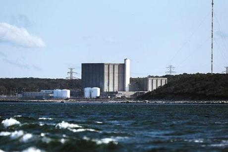 Plymouth, MA - 10/13/2015 - The Pilgrim Nuclear Power Plant as seen from the sea in Plymouth, MA, October 13, 2015. (Keith Bedford/Globe Staff)
