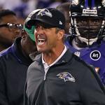 9-23-2012: Baltimore, MD: Ravens head coach John Harbaugh (right) screams at a replacement official after a first half play. The New England Patriots visited the Baltimore Ravens in a regular season NFL game at M&B Stadium. section: sports (Globe Staff Photo/Jim Davis