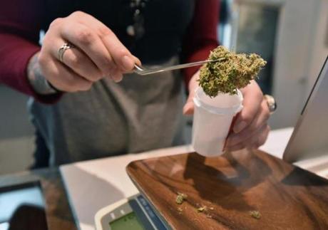 Marijuana was measured at a dispenary in Portland, Oregon. Retail marijuana sales won?t begin in Mass. until January 2018.
