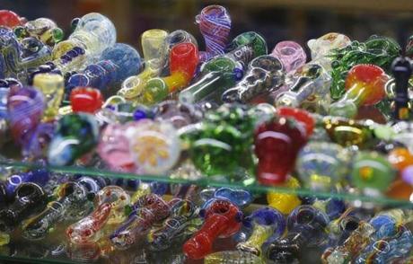 Glass pipes for sale inside Fast Eddie's in Allston.
