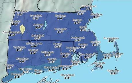 The National Weather Service?s 3 a.m. prediction of Saturday?s snowfall totals.
