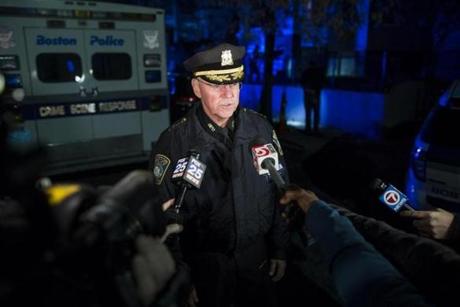 Boston Police Superintendent Bernard O'Rourke gives a statement at the scene of a fatal shooting on Shepton St. in Dorchester on Tuesday, November 3, 2015. (Scott Eisen for The Boston Globe)
