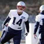 New England Patriots wide receiver Michael Floyd (14) stretches during an NFL football team practice Wednesday, Dec. 21, 2016, in Foxborough, Mass. (AP Photo/Elise Amendola)