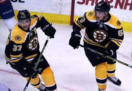 Boston, MA: 12-20-16: FOR USE WITH FUTURE STORY..........The Bruins Patrice Bergeron (eft) and Brad Marchand (right) ae pictured on the ice together during the game. The Boston Bruins hosted the New York Islanders in a regular season NHL game at the TD Garden. (Globe Staff Photo/Jim Davis) reporter: dupont topic: Bruins-Islanders 
