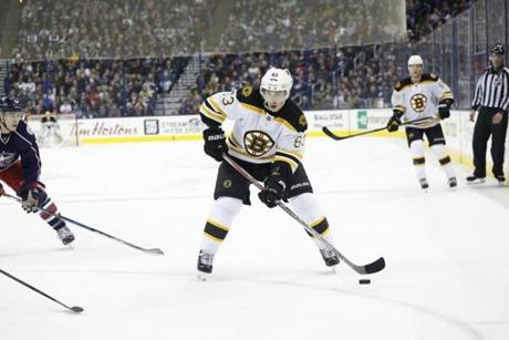 Brad Marchand on the ice Tuesday as the Bruins took on the Blue Jackets in Columbus, Ohio.
