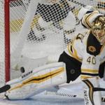 Bruins goalie Tuukka Rask made a pad save during the second period.