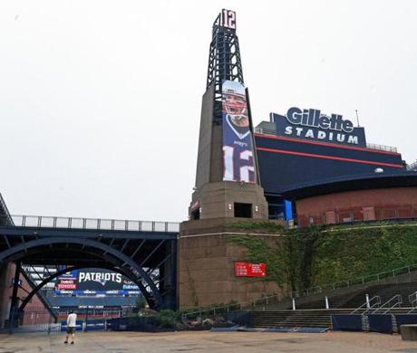 09/06/16: Foxborough, MA: The giant photo of Tom Brady that is on the lighthouse at Gillette Stadium is pictured. The New England Patriots held a practice session on the fields behind Gillette Stadium this afternoon as they continue preparations for their season opener in Arizona on Sunday night. (Globe Staff Photo/Jim Davis) section: sports topic: Patriots 
