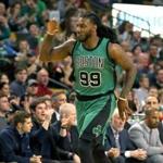 Boston MA 11/25/16 Boston Celtics Jae Crowder reacting after making his first jump shot against the San Antonio Spurs during first quarter action at the TD Garden. (Photo by Matthew J. Lee/Globe staff) topic: reporter: 