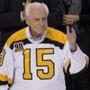 Boston, MA 10/14/2013 (first period) Milt Schmidt former Boston Bruins player and general manager waves to the crowd before the ceremonial puck drop against the Detroit Red Wings at the TD Garden on Sunday October 14, 2013. (Matthew J. Lee/Globe staff) Topic: Bruins-Red Wings Reporter: Amalie Benjamin