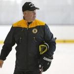 Brighton, MA--10/10/2016-- Bruins head coach Claude Julien talks to his team during practice shortly before the start of Bruins Media Day in Brighton, MA, October 11, 2016. (Jessica Rinaldi/Globe Staff) (Jessica Rinaldi) Topic: NHL preview_Bruins Reporter: 