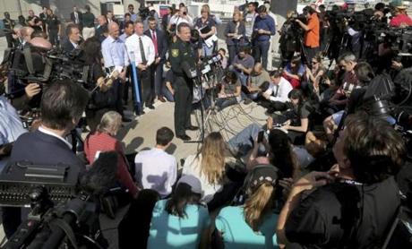 Brossard Sheriff Rick Scott speaks to the media after the airport re-opened during a news conference at Fort Lauderdale-Hollywood International Airport Terminal, Saturday, Jan. 7, 2017, in Fort Lauderdale, Fla. Authorities say Army veteran Esteban Santiago of Anchorage, Alaska, drew a gun from his checked luggage on arrival and opened fire on fellow travelers on Friday. (Mike Stocker/Miami Herald via AP)
