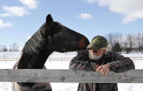 Waco nuzzled Donnie MacAdams as he searched for the animal crackers MacAdams feeds him at the barn in Randolph Center, Vt.
