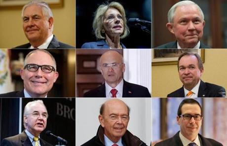 Top row, from left: Rex Tillerson, Betsy DeVos, Jeff Sessions. Middle row, from left: Scott Pruitt, Andy Puzder, Mick Mulvaney. Bottom row, from left: Tom Price, Wilbur Ross, Steven Mnuchin.
