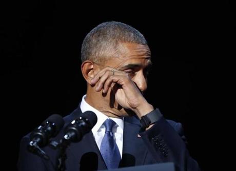 President Obama wiped away tears while speaking during his farewell address in Chicago on Tuesday.
