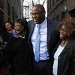 City Councilor Tito Jackson embraced his mother, Rosa (right), and Ardelia Hinton after announcing his mayoral candidacy on Wednesday at Dudley Square?s Haley House. 