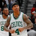 ATLANTA, GA - JANUARY 13: Isaiah Thomas #4 of the Boston Celtics reacts after hitting a three-point basket in the final minute of their at 103-101 against the Atlanta Hawks Philips Arena on January 13, 2017 in Atlanta, Georgia. NOTE TO USER User expressly acknowledges and agrees that, by downloading and or using this photograph, user is consenting to the terms and conditions of the Getty Images License Agreement. (Photo by Kevin C. Cox/Getty Images)