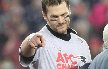 Tom Brady pointed at his teammates while celebrating New England?s win in the AFC title game. 
