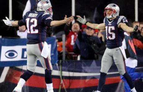 Tom Brady and Chris Hogan celebrated after connecting on a touchdown pass in the second quarter.
