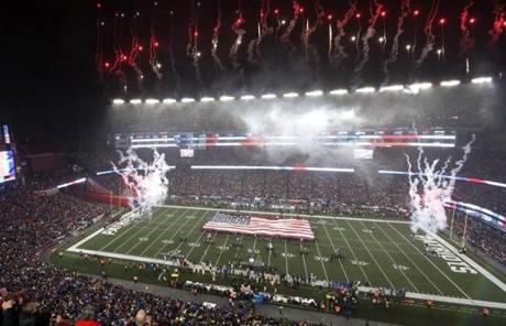 Gillette Stadium was awash in the glow of pyrotechnics before the start of the AFC Championship game.
