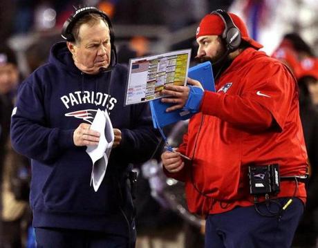 Foxborough, MA - 1/23/2017 - (2nd quarter) - (FOR POSSIBLE FUTURE SUPER BOWL STORY LINES) New England Patriots head coach Bill Belichick and New England Patriots defensive co ordinator Matt Patricia. The New England Patriots host the Pittsburgh Steelers in the AFC Championship game at Gillette stadium in Foxborough, MA. - (Barry Chin/Globe Staff), Section: Sports, Reporter: Ben Volin, Topic: 23Patriots-Steelers , LOID: 8.3.1361625046.
