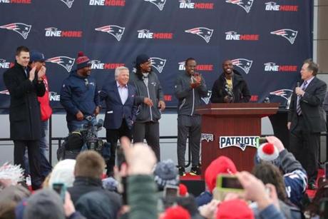 Several Patriots joined owner Robert Kraft and coach Bill Belichick at the rally.
