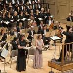 Andris Nelsons (right) leads the BSO and (from left) mezzo-soprano Christine Rice and soprano Malin Christensson at Symphony Hall Thursday night.