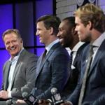 Houston, TX - 2/03/2017 - NFL Commissioner Roger Goodell with 3 finalists for Walter Payton NFL Man of the Year award Q&A at House of Blues, Houston, TX. From left to right: NFL Commissioner Roger Goodell , New York Giants quarterback Eli Manning, Arizona Cardinals receiver Larry Fitzgerald, and CarolinaPanthers tight end Greg Olsen. - (Barry Chin/Globe Staff), Section: Sports, Reporter: Jim McBride, Topic: 03Pariots, LOID: 