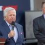 FOXBOROUGH, MA - 1/30/2017:Bob Kraft with Bill Belichick in the background on stage...Patriotsinvited fans to a special Super Bowl Send-Off Rally on NRG Plaza outside The Hall at Patriot Place (David L Ryan/Globe Staff Photo) SECTION: METRO/SPORTS TOPIC 31Patsrally