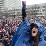 Patriots fans cheered at City Hall Plaza.