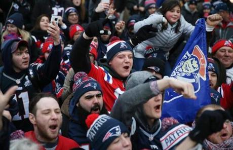 Boston, MA- February 07, 2017: Patriot fans cheer during a NFL Network live spot prior to the New England Patriots? Super Bowl LI victory parade in Boston, MA on February 07, 2017. (Globe staff photo / Craig F. Walker) section: metro reporter:
