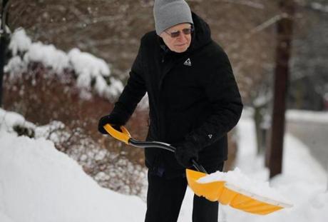 Newton, MA- February 11, 2017: Richard Morrill (cq) shovels his walk on Franklin St. in Newton, MA on February 11, 2017. One to three inches of snow is expected on Saturday and another storm is expected to arrive on Sunday. (Globe staff photo / Craig F. Walker) section: metro reporter:
