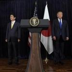 President Trump (right) and Japanese Prime Minister Shinzo Abe made comments late Saturday in Palm Beach, Fla., after the missile launch happened.