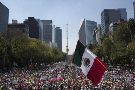 MEXICO CITY, MEXICO - FEBRUARY 12: Demonstrators march to the Plaza Angel Independencia February 12, 2017 in Mexico City, Mexico. The marchers protested the policies of President Donald Trump and Prime Minister Enrique Pena Nieto of Mexico. (Photo by Rafael S. Fabres/Getty Images)
