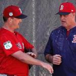 Red Sox pitcher Steven Wright talked with manager John Farrell after his mound session Monday. 
